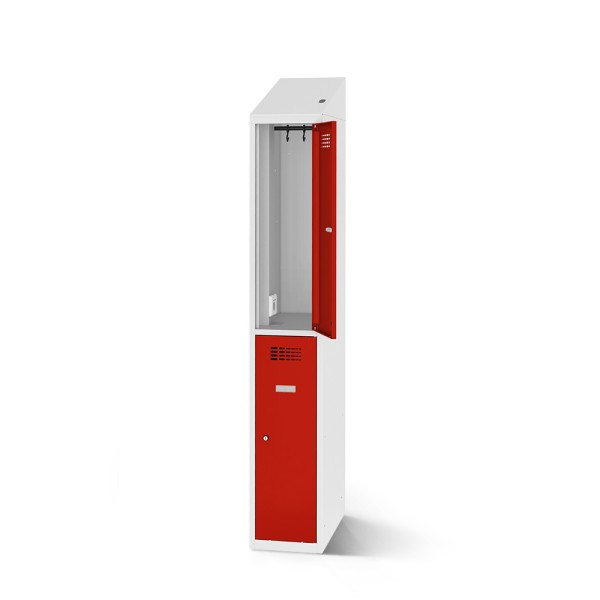 rotstahl® Garderobenspind inklusive Ladefunktion mit zwei Fächern in Lichtgrau und verkehrsroten Türen