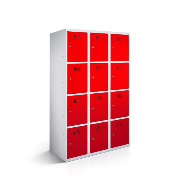 rotstahl® Schließfachschrank 3x4 Türen mit Korpus in Lichtgrau und Tür in Verkehrsrot