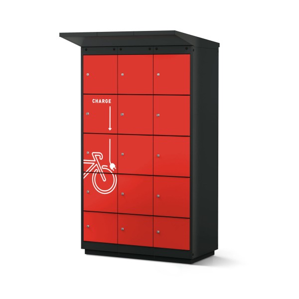 rotstahl® E-Bike-Ladestation für den Außenbereich 12er in Anthrazitgrau mit feuerroten Türen und Aufdruck