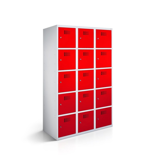 rotstahl® Schließfachschrank 3x5 Türen mit Korpus in Lichtgrau und Tür in Verkehrsrot
