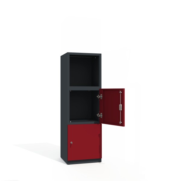 Büroschrank Premium 3 Fächer 1x offen 2 Türen in Anthrazitgrau mit rubinroten Türen