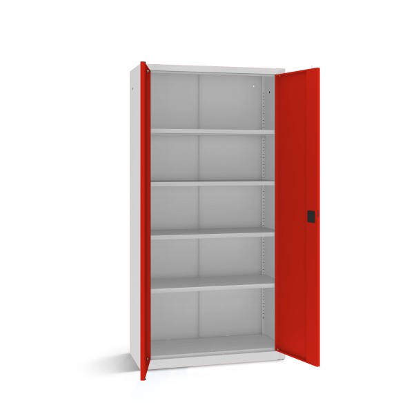 rotstahl® Büroschrank B 100 cm mit 4 Fachböden in Lichtgrau mit verkehrsroten geöffneten Türen