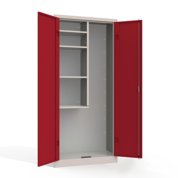 rotstahl® Flügeltürenschrank mit einhängender Trennwand inkl. 4 Fachböden in Lichtgrau mit rubinroten Türen