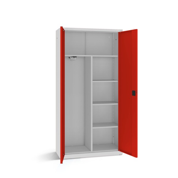 rotstahl® Büroschrank B 100 cm mit Fachböden und Kleiderstange in Lichtgrau mit verkehrsroten geöffneten Türen