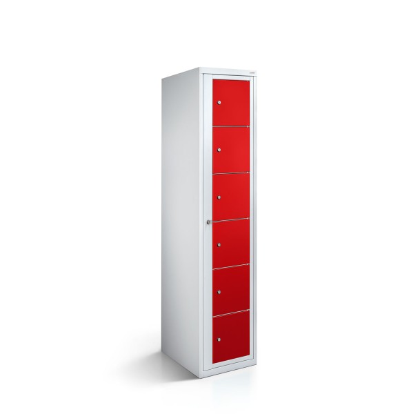 rotstahl® Wäscheverteilerschrank mit 6 Fächern und Zentraltür in Lichtgrau mit verkehrsroten Fachtüren