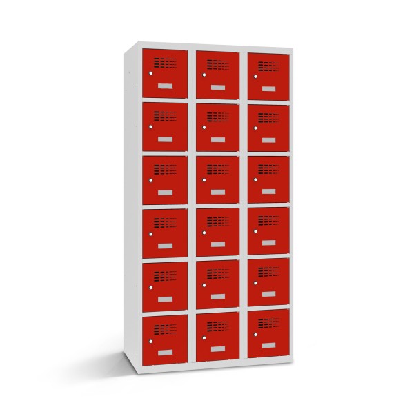 rotstahl® Schließfachschrank 3x6 Türen mit Korpus in Lichtgrau und Tür in Verkehrsrot
