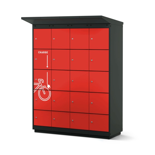rotstahl® E-Bike-Ladestation für den Außenbereich 16er in Anthrazitgrau mit feuerroten Türen und Aufdruck