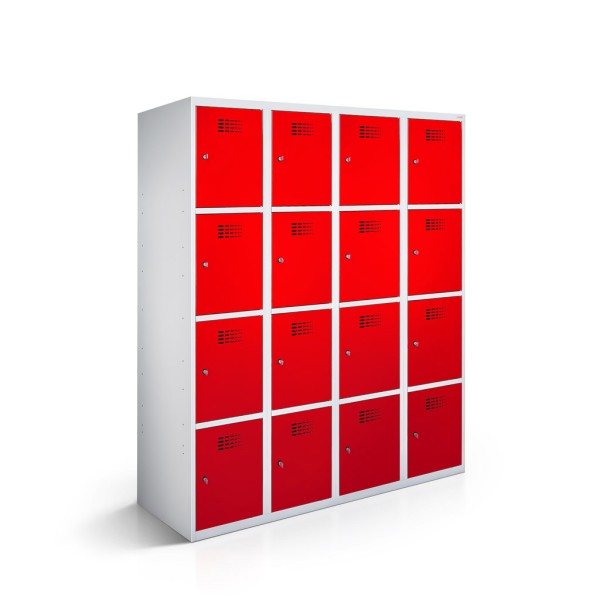 rotstahl® Schließfachschrank 4x4 Türen mit Korpus in Lichtgrau und Tür in Verkehrsrot