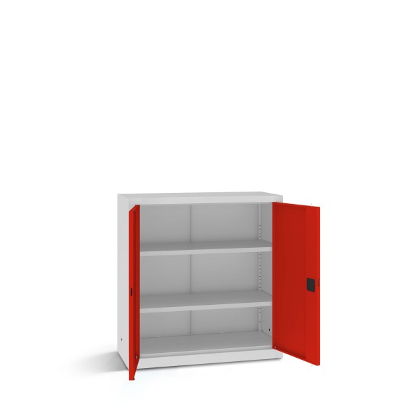 rotstahl® Büroschrank B 100 cm gekürzt mit Fachböden in Lichtgrau mit verkehrsroten geöffneten Türen