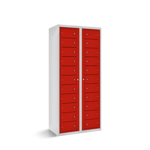 rotstahl® Fächerschrank mit 22 Fächern und zentraler Öffnungsmöglichkeit in Lichtgrau mit verkehrsroten Türen