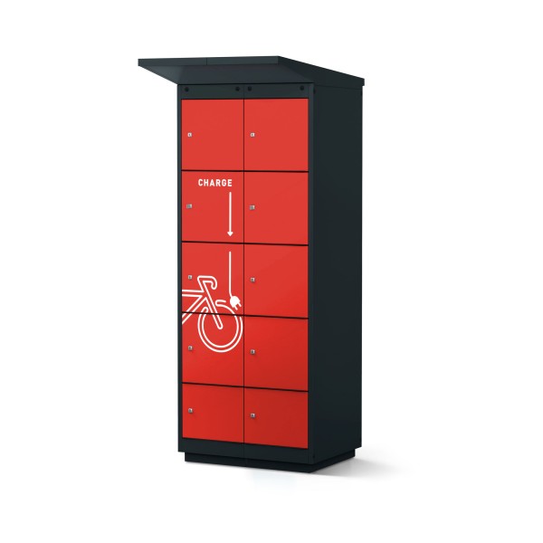 rotstahl® E-Bike-Ladestation für den Außenbereich 8er in Anthrazitgrau mit feuerroten Türen und Aufdruck