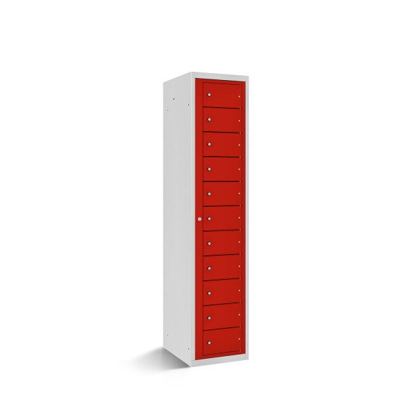 rotstahl® Fächerschrank mit 11 Fächern und zentraler Öffnungsmöglichkeit in Lichtgrau mit verkehrsroten Türen