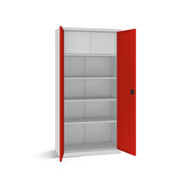 rotstahl® Büroschrank B 100 cm mit 3 Fachböden und Wertfach in Lichtgrau mit verkehrsroten geöffneten Türen