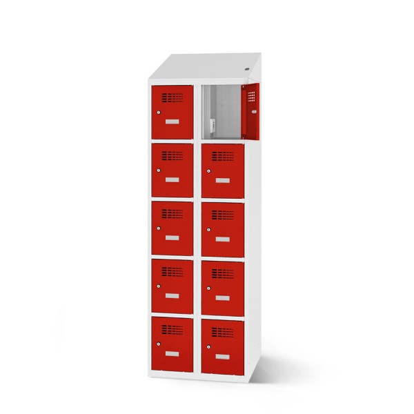rotstahl® Fächerschrank inklusive Ladefunktion mit 2x5 Fächern in Lichtgrau und verkehrsroten Türen